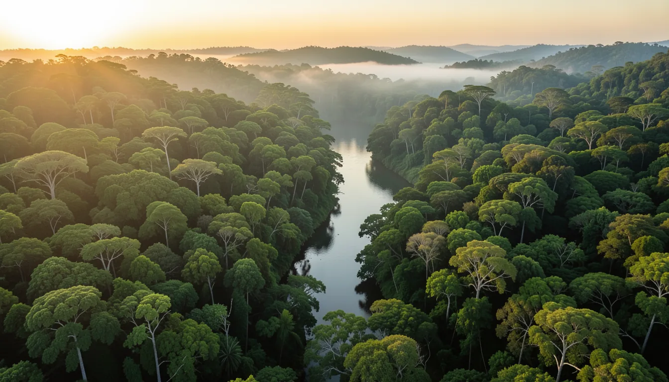 Aerial view of South American rainforest canopy with a river at sunrise